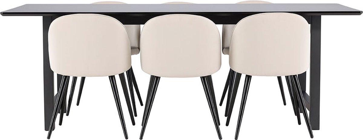 Oslo eethoek eetkamertafel 100x220cm zwart en 6 Skagen stoel velours beige.