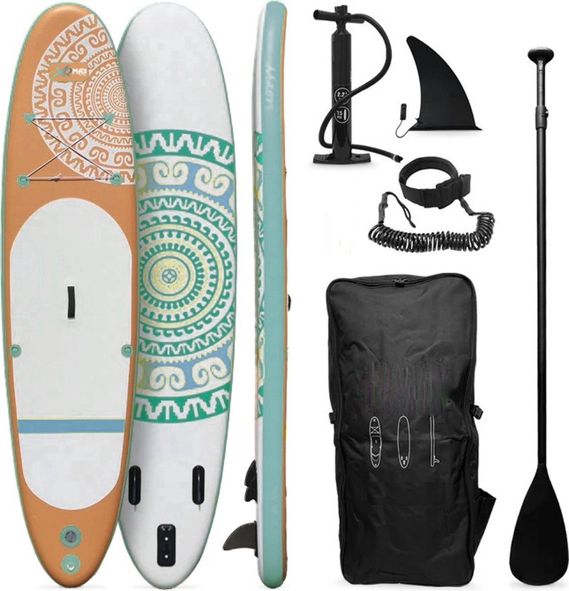 XQMax SUP Board - Opblaasbaar Paddle Board - Complete Set R- Met Pomp / Draagtas / Verstelbare Peddel / Enkelkoord / Reparatiekit - Max. 150KG - 305x71cm - Yoga