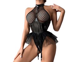 Erotische Rok Jumpsuit - Latex Wetlook - Transparante Borsten - Open Kruis - Dames
