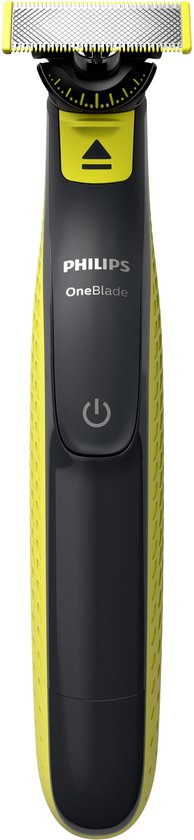 Felgroene en zwarte Philips OneBlade scheerapparaat met een aan/uit-knop en schuifregelaar.