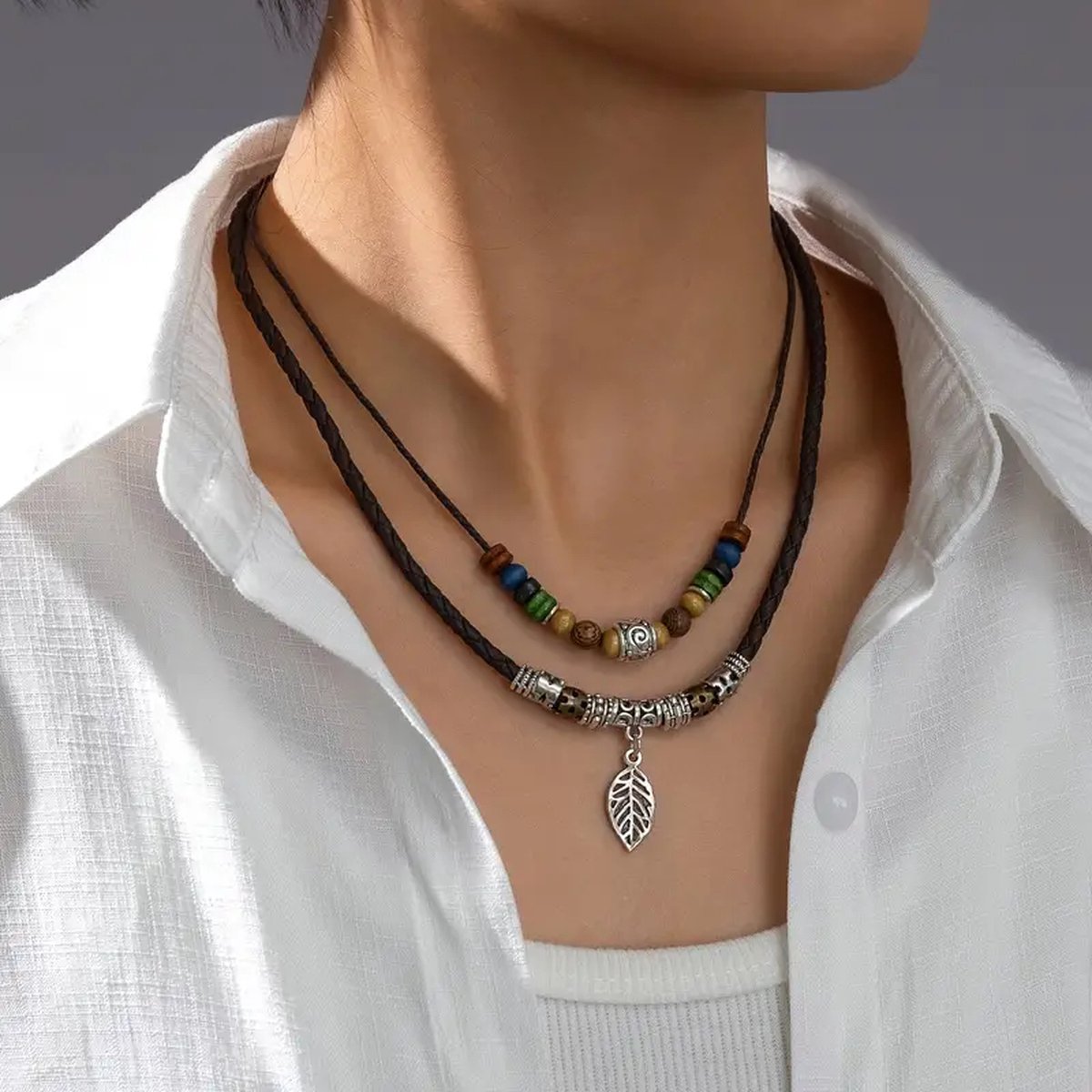 Helin life Klassieke ketting heren - Kettingen set- Schakelketting - Kralenketting-Vintage - 2 stuks -Cadeau voor Man -Houten kralen-Alleen dragen-Mannen Cadeautjes