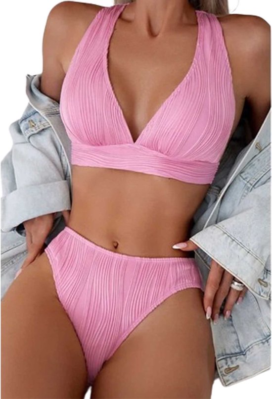 Foto: Diepe v hals bikini set pink jojo achterkantsluiting met strik sexy strandkleding badpak voor haar bestel een maat groter dan normaal