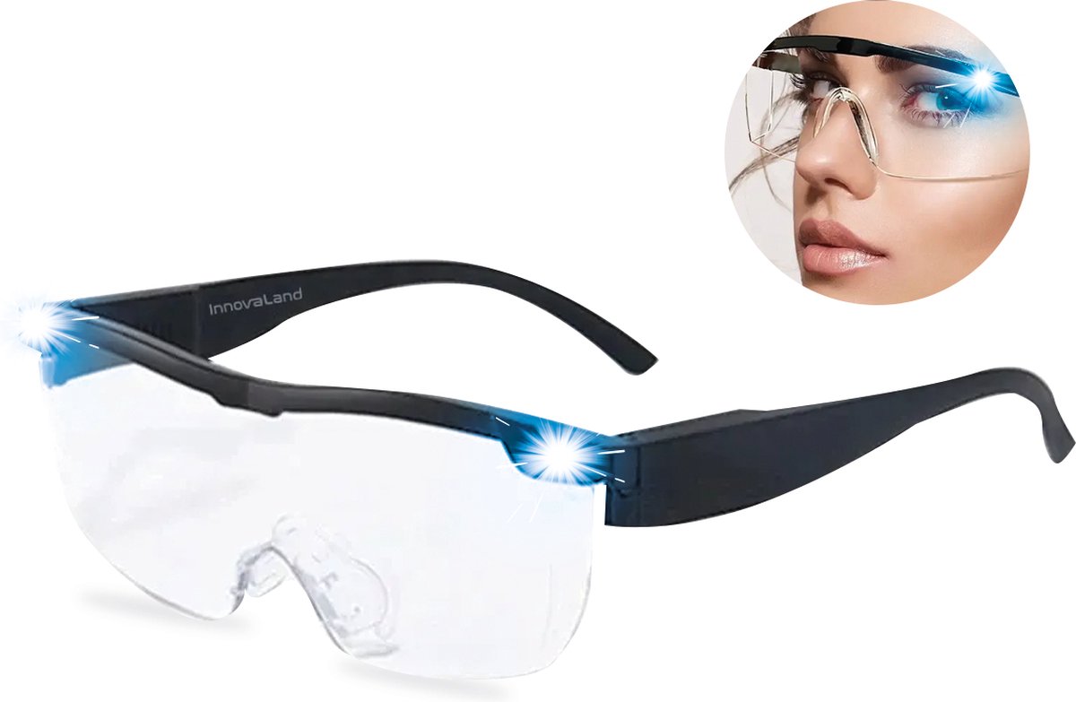 InnovaLand - Loepbril - Met LED Verlichting - Vergrootglas Bril - Loep Bril - Vergrootbril - Vergroot 160% - Unisex - Mannen - Vrouwen - Hobby