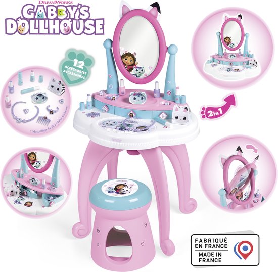 Smoby Gabby's Dollhouse kaptafel met spiegel, krukje, make-up en 12 accessoires. Gemaakt in Frankrijk.