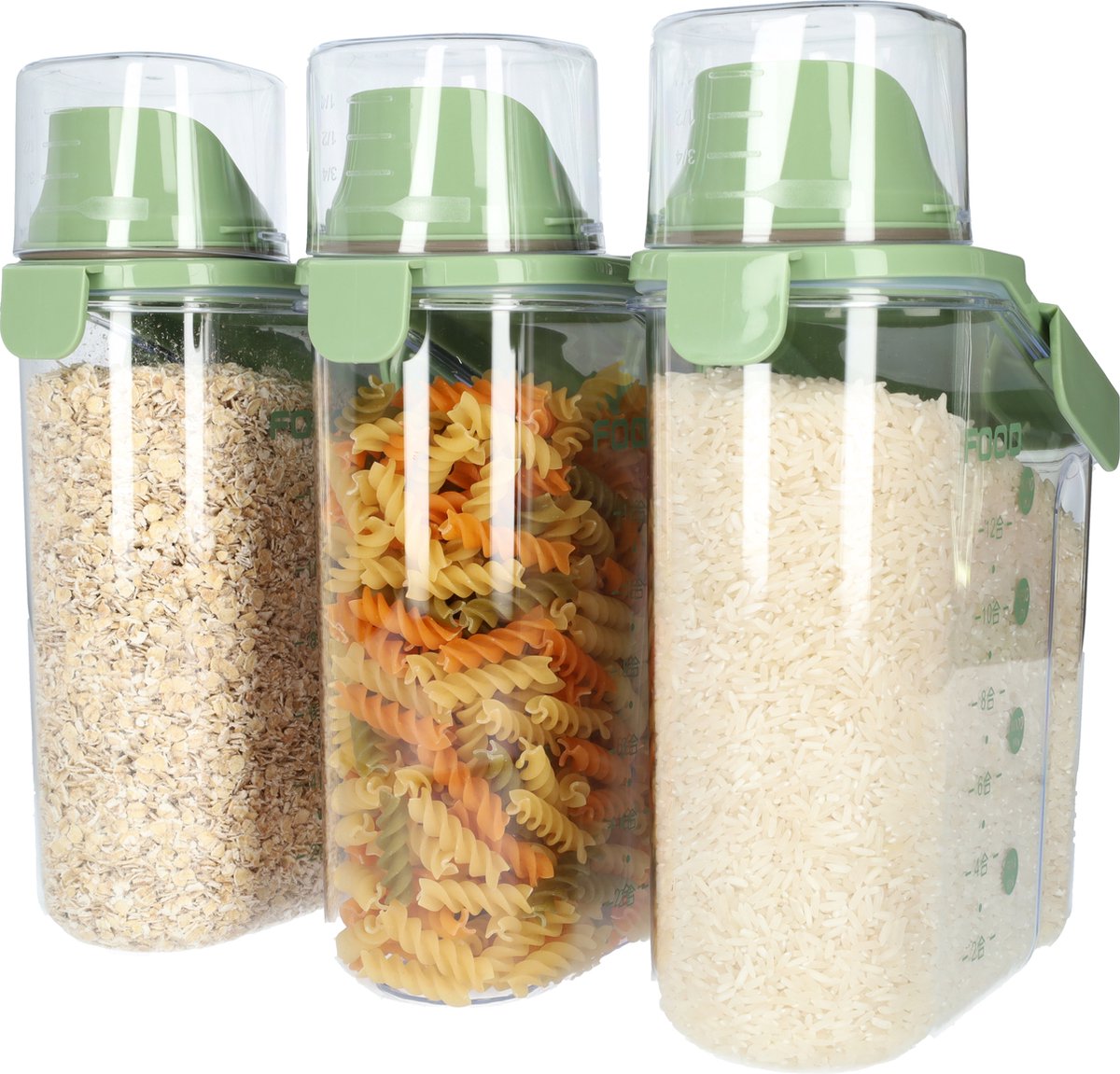 Groene voedsel opslagcontainer (3 stuks) met maatbeker! Opslag container 2000ml Voorraadbussen Plastic luchtdichte dispenser BPA vrij! Voedselcontainer voor granen rijst bloem dierenvoeding droogvoeding en meer!