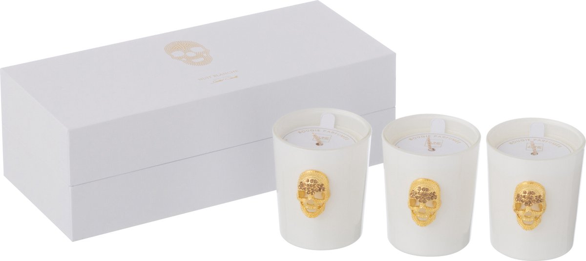 J-Line geurkaars Doodskop Nuit Blanche - White Floral Tonk - 16U - doos van 3 Wit