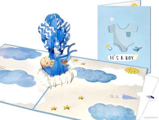 Popcards pop-up kaart – Baby Jongetje met Blauwe Ballonnen Geboortekaart Jongen pop-up kaart 3D wenskaart