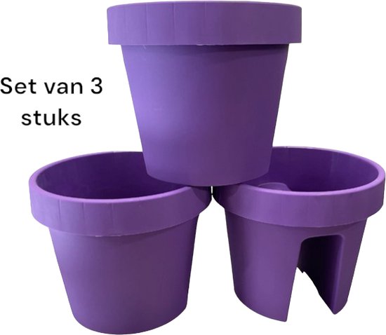 Foto: Hl set 3x stuks balkon plantenpot bloempot reling hang bloempotten paars kunststof 27cm x h 23 cm