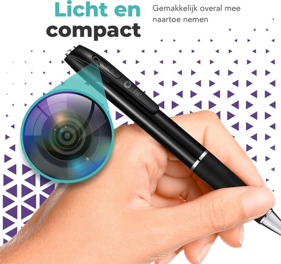 Hand die een zwarte pen met camera vasthoudt. Tekst: 'Licht en compact, Gemakkelijk overal mee naartoe nemen'.