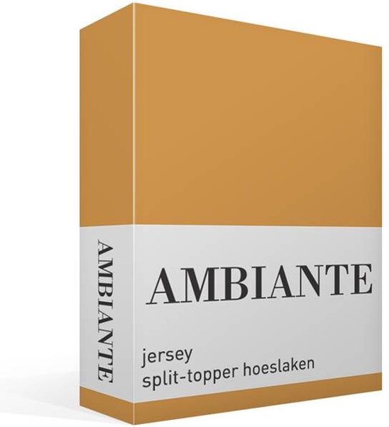 Okergeel AMBIANTE jersey split-topper hoeslaken verpakking.