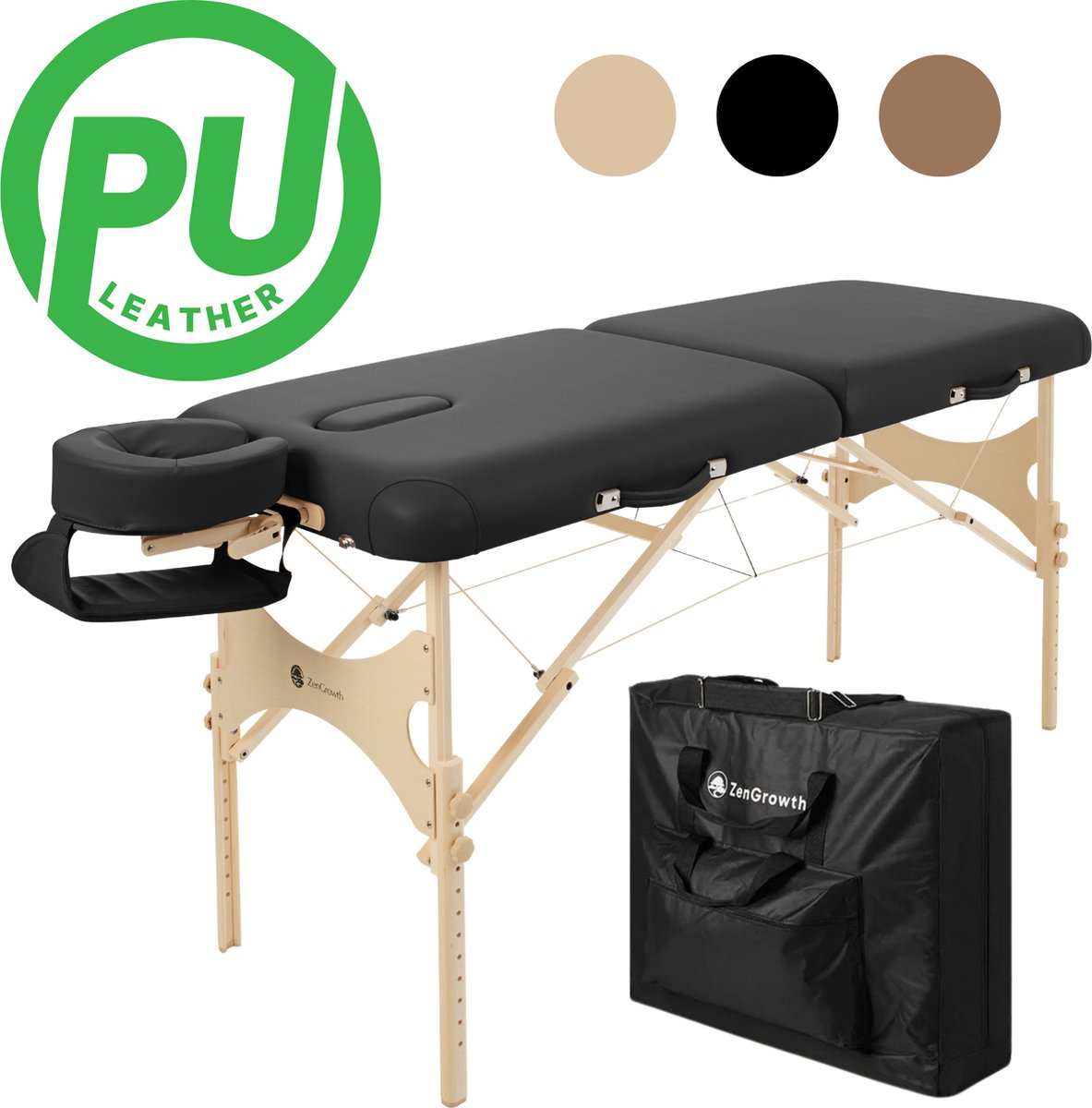 Goedkoopste ZenGrowth® Belverde Massagetafel Zwart – Inklapbaar – Breedte 71 cm – Hoogte 60 tot 89 cm – Drielaags matras – Behandelbank – Behandeltafel – Inclusief Opbergtas