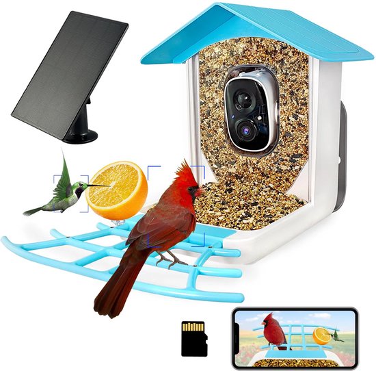 LotaHome - Vogelvoederhuisje met Camera, Audio en Zonnepaneel - Met AI Vogelherkenning en Nachtvisie - Luxe Vogelhuisje met Camera - Full HD - Hangend Vogelhuisje - 160° Kijkhoek - Gratis App - Inclusief 32GB Geheugenkaart en Bevestigingsmateriaal