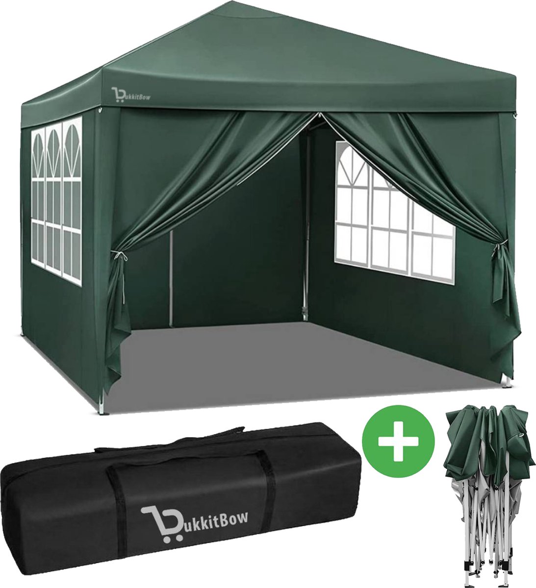 Bol.com BukkitBow - Partytent 3x3 Easy Up met Zijwanden - Opvouwbaar - Feesttent - Tuinpaviljoen 3x3 - Groen aanbieding