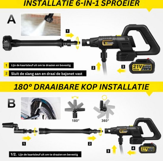 Gisam® Draadloze Hogedrukreiniger (Inclusief 2x Accu) - Hogedrukreiniger Accu - Hogedrukreinigers - Hogedrukspuit - Accu Hogedrukreiniger - Draagbare Hogedrukreiniger van Gisam® — afbeelding 4