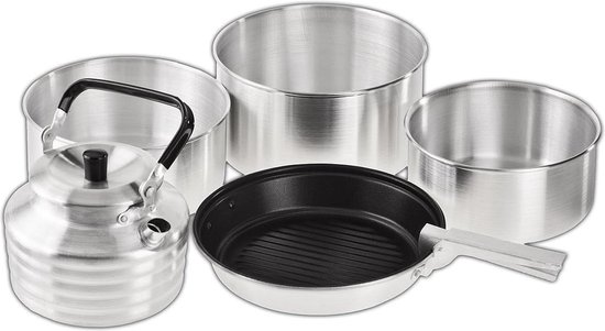 Camping Kookset - Aluminium Outdoor Kookgerei Set voor Kamperen - 3 Pannen en 1 Braadpan - Inclusief Waterketel en Handvat camping pannenset