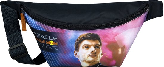 Heuptas met Max Verstappen en Oracle Red Bull Racing logo op een roze en blauwe achtergrond.