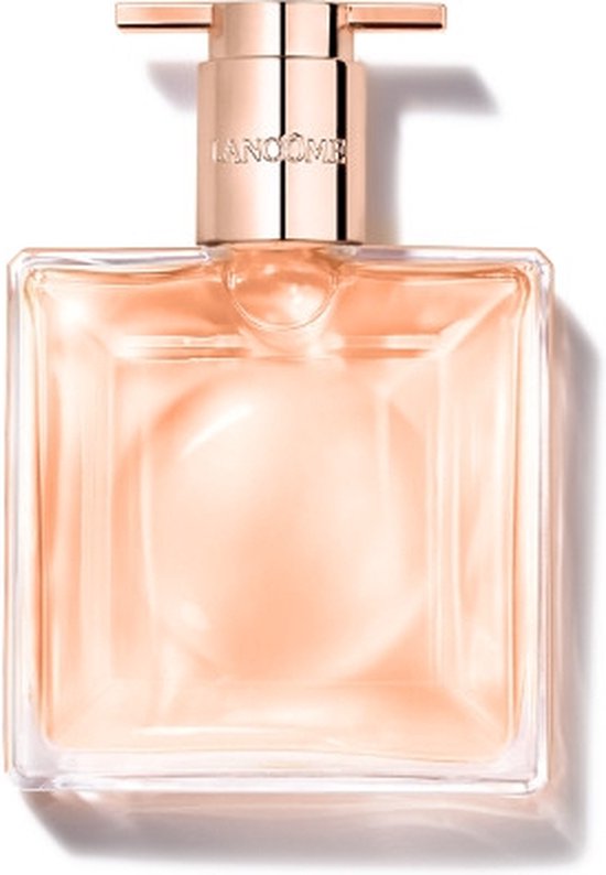 Glazen Lancôme Idôle flacon met goudkleurige dop, gevuld met lichtroze vloeistof.