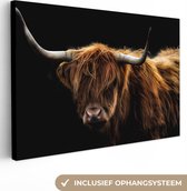 Canvas schilderij - Schotse hooglander 60x40 - Kamer decoratie accessoires - Zwarte schilderijen woonkamer dieren - Wanddecoratie koe slaapkamer - Muurdecoratie keuken zwart - Wanddoek interieur - Woondecoratie huis - Woonaccessoires