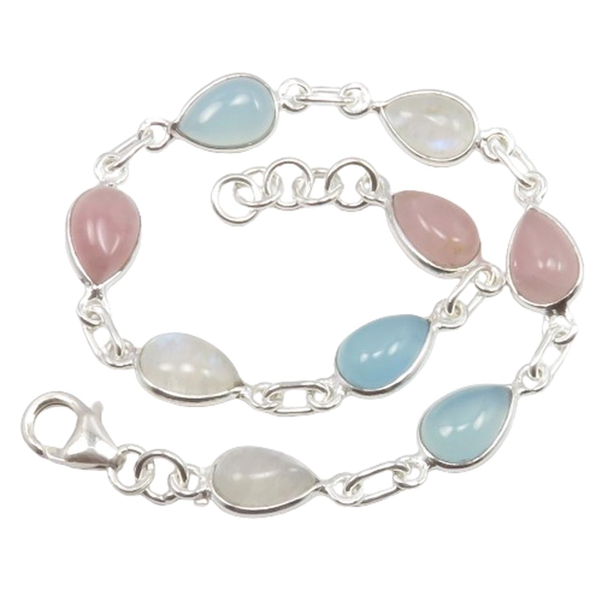 Natuursieraad - 925 zilver Maansteen, rozenkwarts en chalcedoon armband - handgemaakt