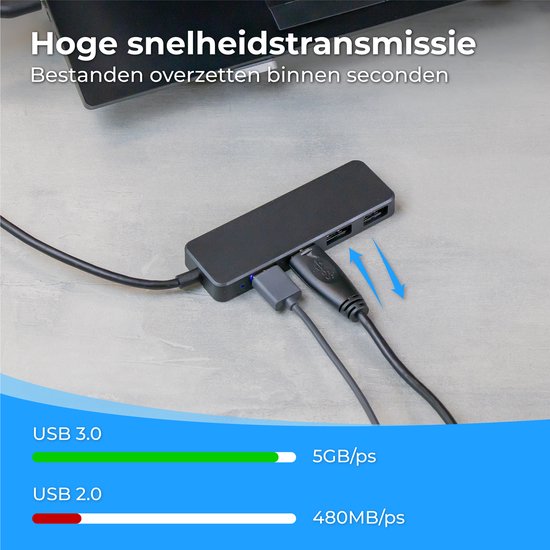 Nuvance USB Hub - USB Splitter & USB C Hub met 4 Poorten - USB 3.0 – 5Gbps - Inclusief USB-C Converter - Universeel - Zwart