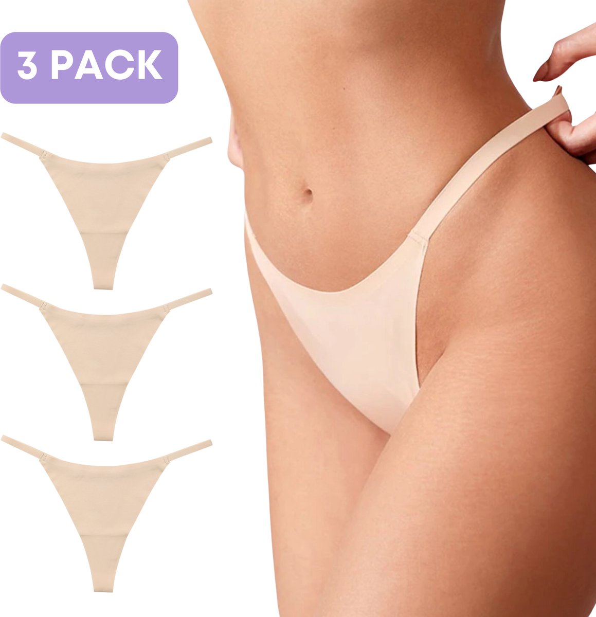 Naadloze string voor Dames - Beige - Nude - Maat L - Set van 3 - Ultrazacht - Brazilian slip - string - Naadloos ondergoed dames - Seamless ondergoed dames - Invisible string - thong