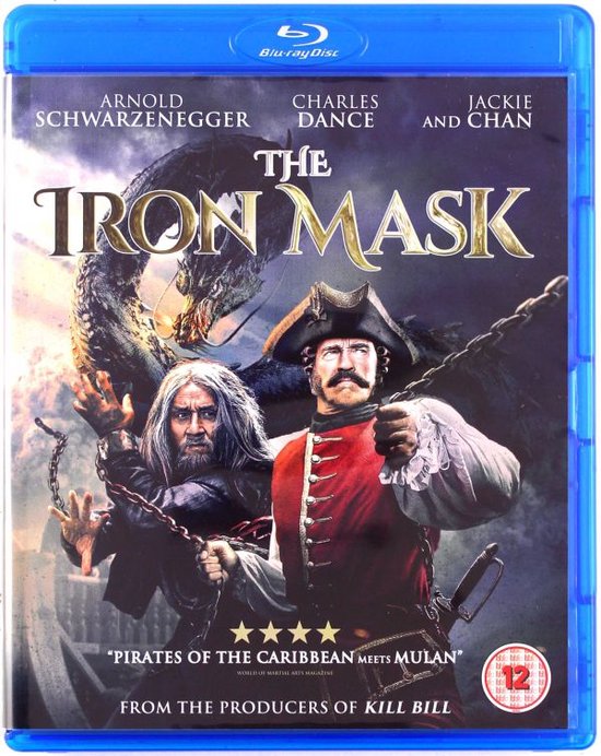 De voorkant van de "The Iron Mask" Blu-ray hoes met Arnold Schwarzenegger en Jackie Chan, met een draak op de achtergrond.