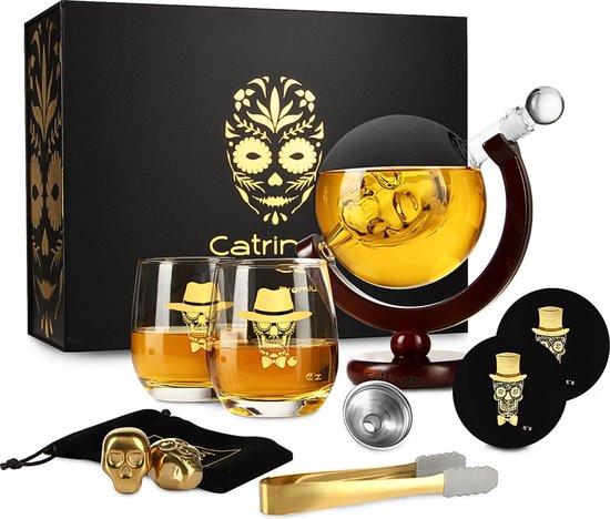 Luxe Skull Whiskey Karaf Set – 0,9L | Inclusief 2 Gouden Whiskey Stenen, 2 Glazen & Onderzetters – Luxe Giftbox – Uniek Cadeau – Catrinaz®