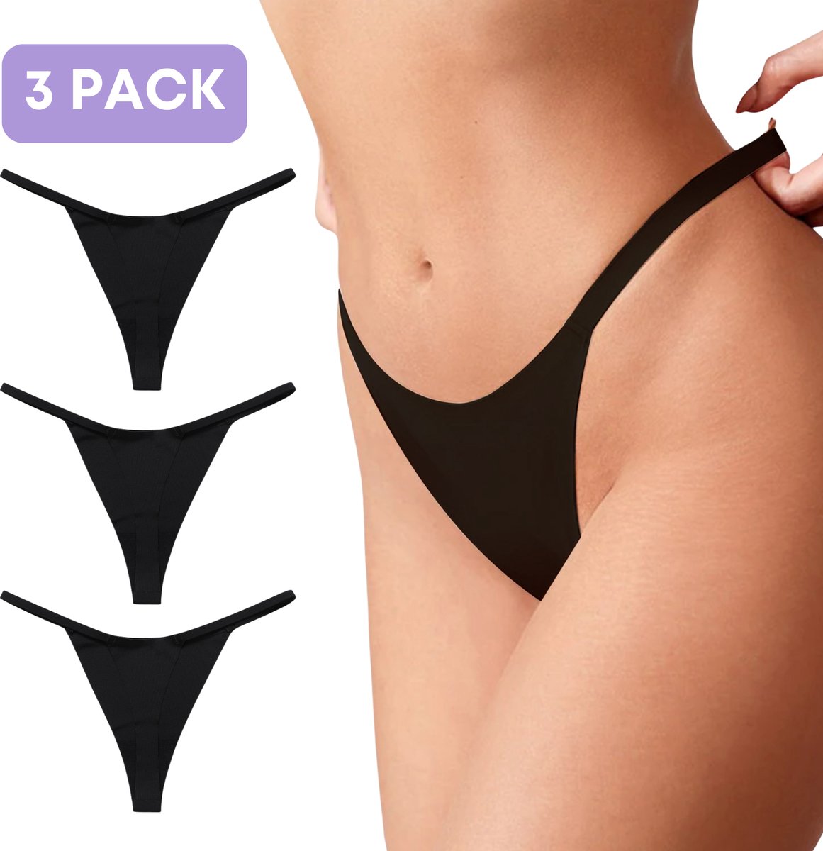 Naadloze string voor Dames - Zwart - Maat L - Set van 3 - Ultrazacht - Brazilian slip - string - Naadloos ondergoed dames - Seamless ondergoed dames - Invisible string - thong