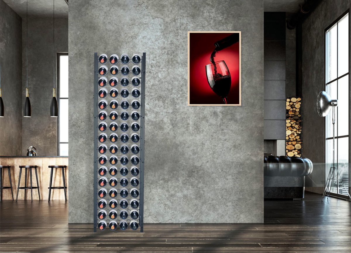 Lendo Online Wijnrek voor 64 flessen 45x20x160cm (LxBxH) Wijnkast - Wijnfleshouder - Wijnopslag met kurkentrekker Zwart Poedercoating Metaal Staal Flessenrek Industriële stijl – foto 5