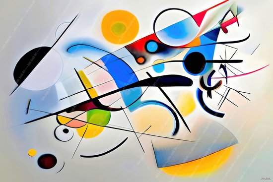 JJ-Art (Canvas) 60x40 | Abstract in Kandinsky stijl - kleurrijk- felle kleuren - kunst – woonkamer slaapkamer | rood, geel, blauw, oranje, roze, groen, modern | Foto-Schilderij print (wanddecoratie)