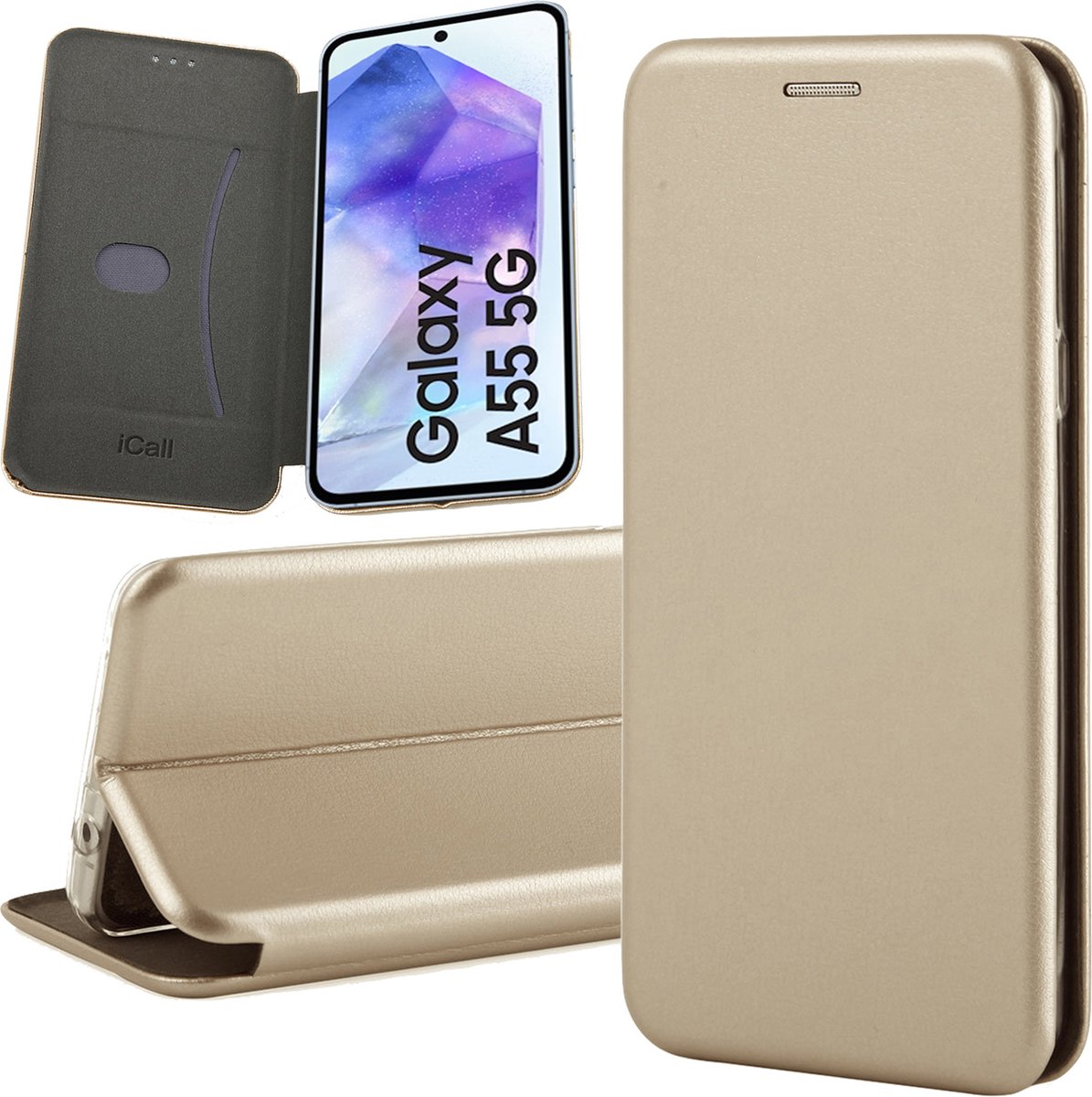 Hoesje geschikt voor Samsung Galaxy A55 - Screenprotector Glas - Wallet Book Case Goud