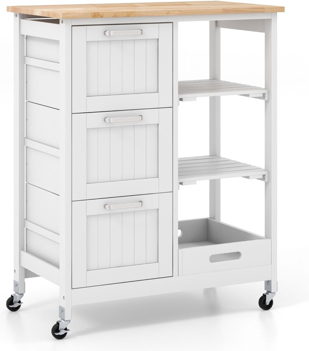 Keukeneiland - Verplaatsbaar - Keukenkast - Dressoir - Organizer - Kasten - Houten Werkblad - Lade - Wit