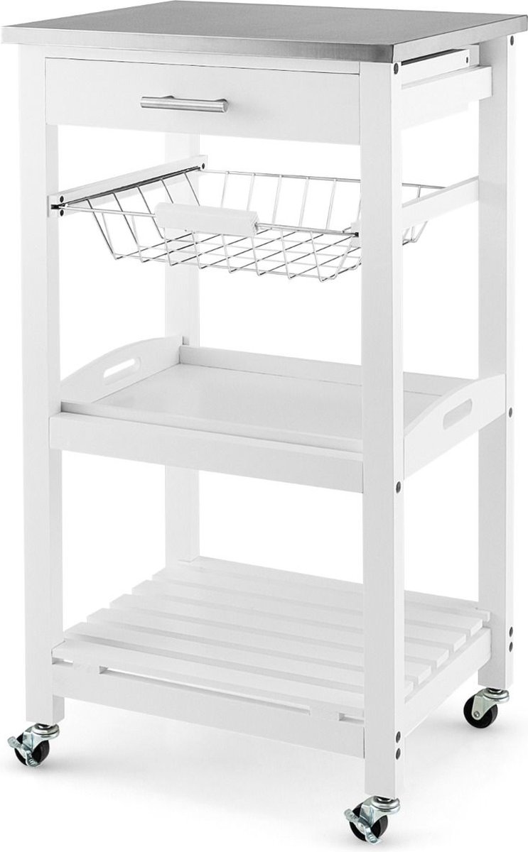 Keukeneiland - Verplaatsbaar - Keukenkast - Dressoir - Organizer - Kasten - RVS Werkblad - Lade - Wit
