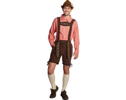 Korte Lederhose + Blouse Set incl Bretels Oktoberfest Heren Carnavalskleding Heren Lederhosen Man - Bruin/Rood - S - Polyester