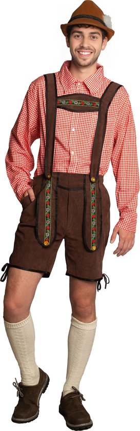 Korte Lederhose + Blouse Set incl Bretels Oktoberfest Heren Carnavalskleding Heren Lederhosen Man - Bruin/Rood - S - Polyester