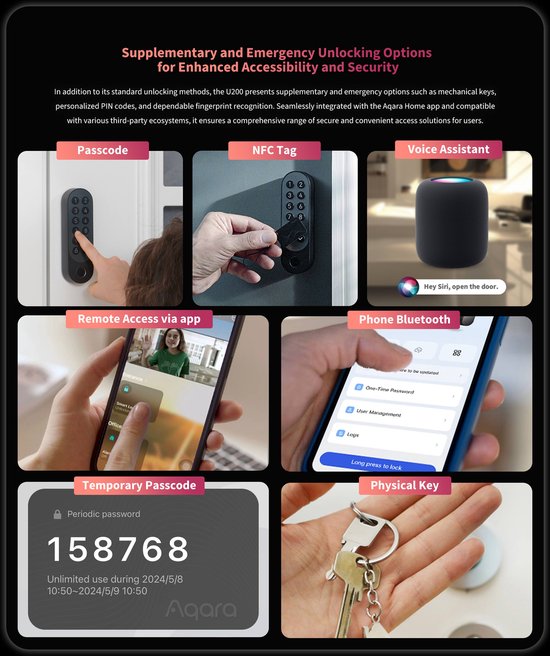 Aqara Smart Lock U200 Kit - Zwart - Slim Deurslot - Vingerafdruk & Pincode - Apple Home Key - Bluetooth & Matter