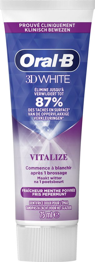 Tube Oral-B 3D White Vitalize tandpasta, klinisch bewezen formule voor wittere tanden, frisse pepermunt smaak.