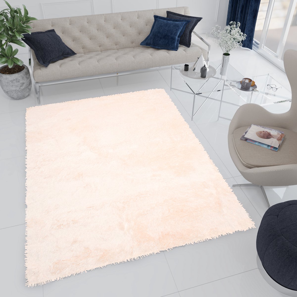 Tapiso Bird Hoogpolig Vloerkleed Woonkamer Beige Shaggy Tapijt Maat- 160x220 Creme