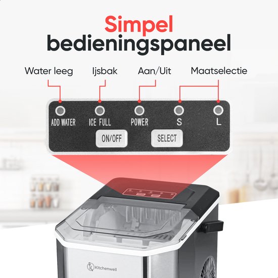 Kitchenwell IJsblokjesmachine - 1.3L - IJsblokjesmaker - IJsschep - 12kg/24 uur - Draagbaar - Zelfreinigingsfunctie - RVS van Kitchenwell — afbeelding 4