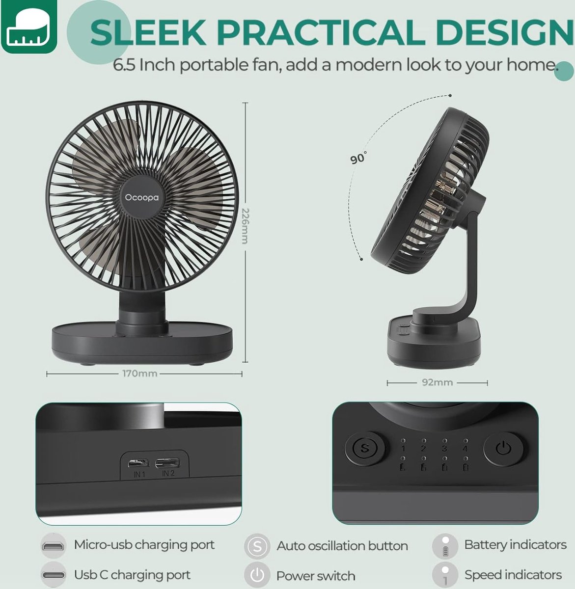 Ventilateur Table 4 Vitesses Ventilateur Bureau USB EasyAcc 4000mAh - 4 Vitesses Réglable - 15h Autonomie Silencieux Mini Ventilateur Usb Rechargeable Easyacc