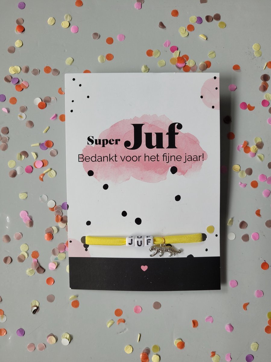 Goedkoopste Juf - leerkracht- meester - bedankje - cadeautje - geschenk - armband - ibiza style - geel - tijger