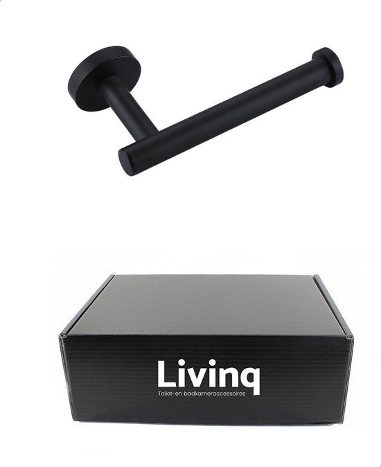 Porte-rouleau de toilette noir en métal brossé sur une rosace ronde, à côté d'une boîte noire avec le logo 'Living'.