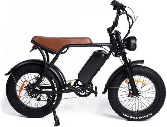 Foto: Vilolux fatbike electrisch fatbike h9 pro voorrek legaal rijklaar niet opvoerbare fatbikes 2 jaar garantie telefoontasje hydraulische remmen alarm bruin zadel