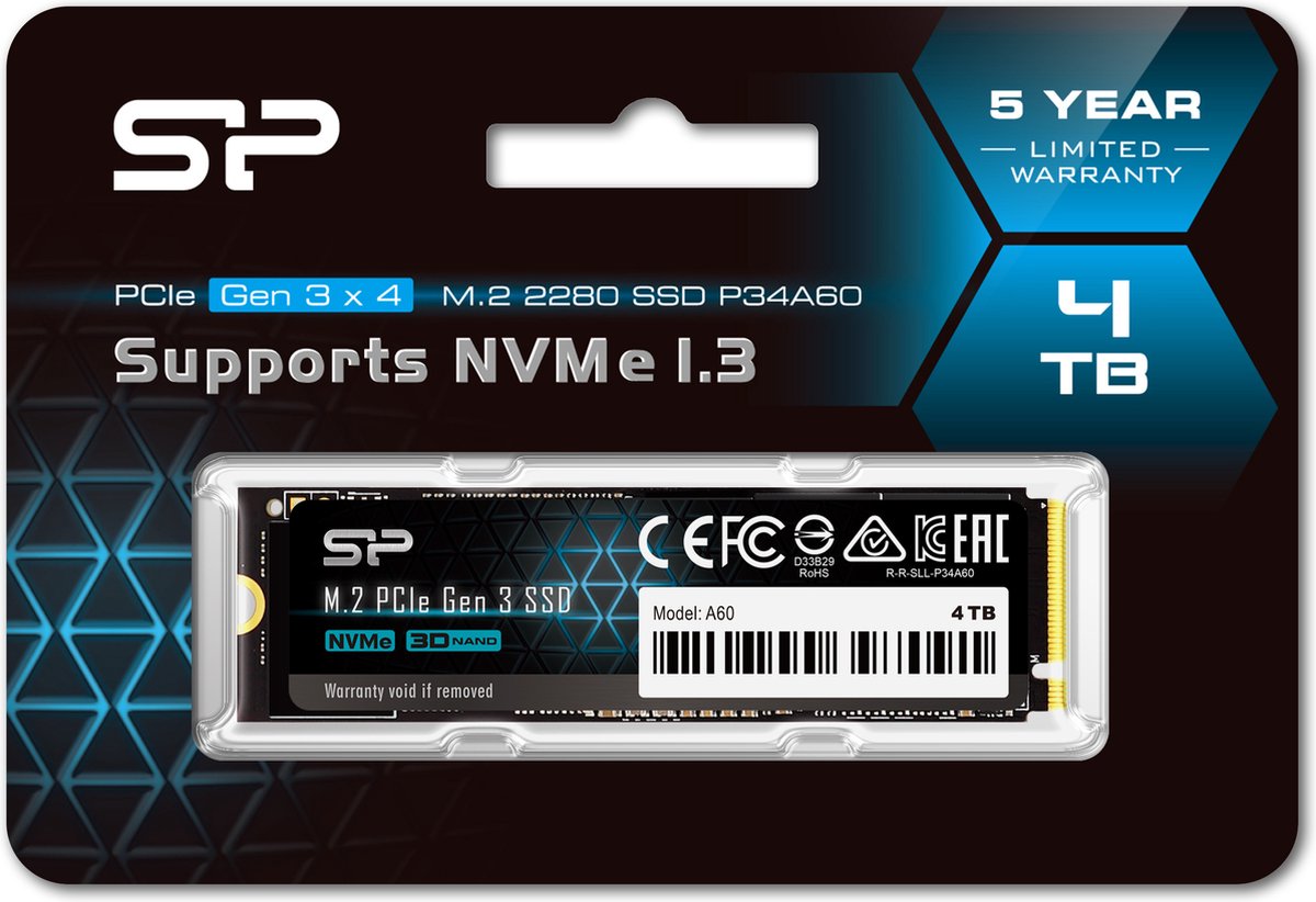 SP Silicon Power A60 PCIe M.2 NVMe SSD - 2TB - Gen3x4 - 2200/1600