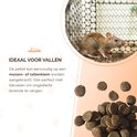Een bruine rat in een val, met daaronder een hoopje bruine pellets.