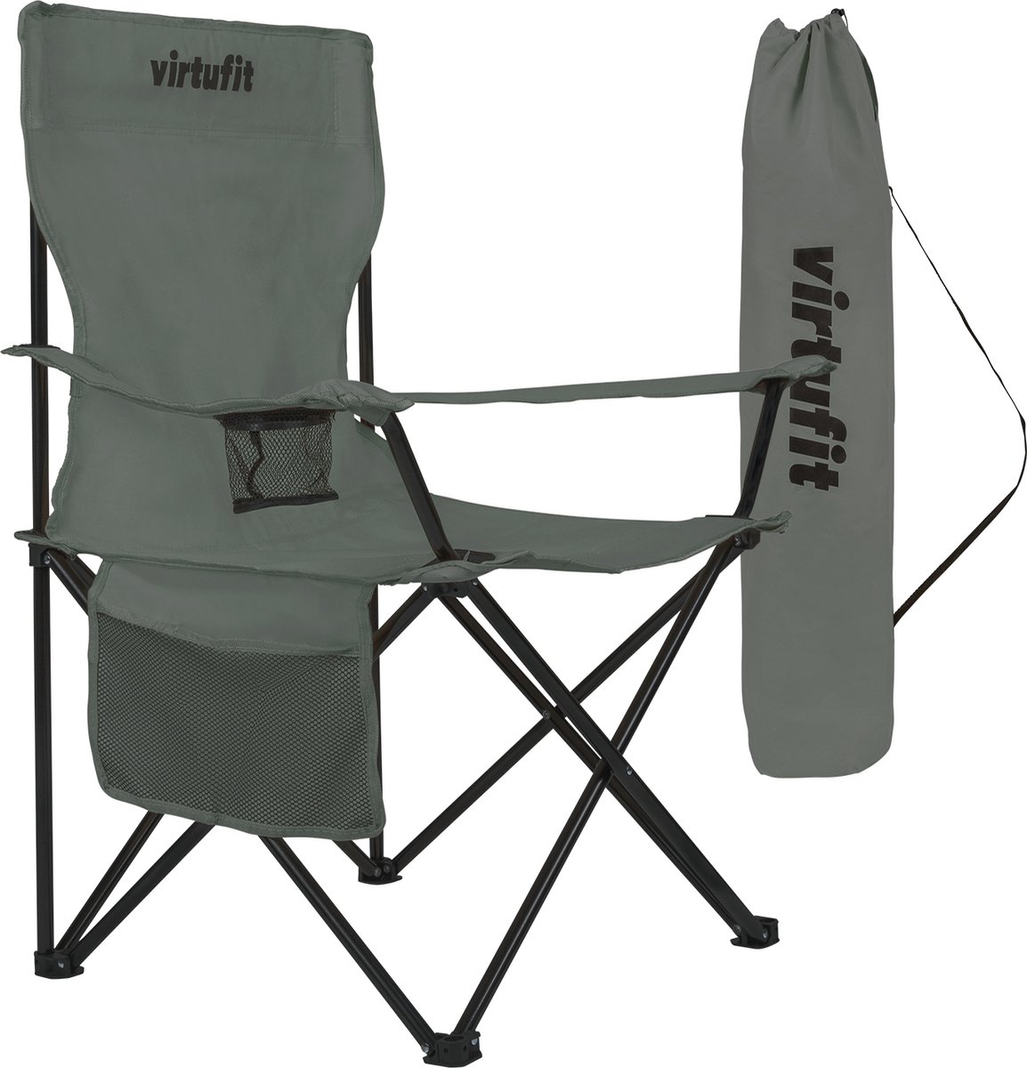 VirtuFit Opvouwbare Camping Stoel - Strandstoel - Inclusief Draagtas - Geschikt voor Festivals Campings & Stranden - Inclusief armsteunen - Eenvoudig Meenemen en Opzetten - Grijs