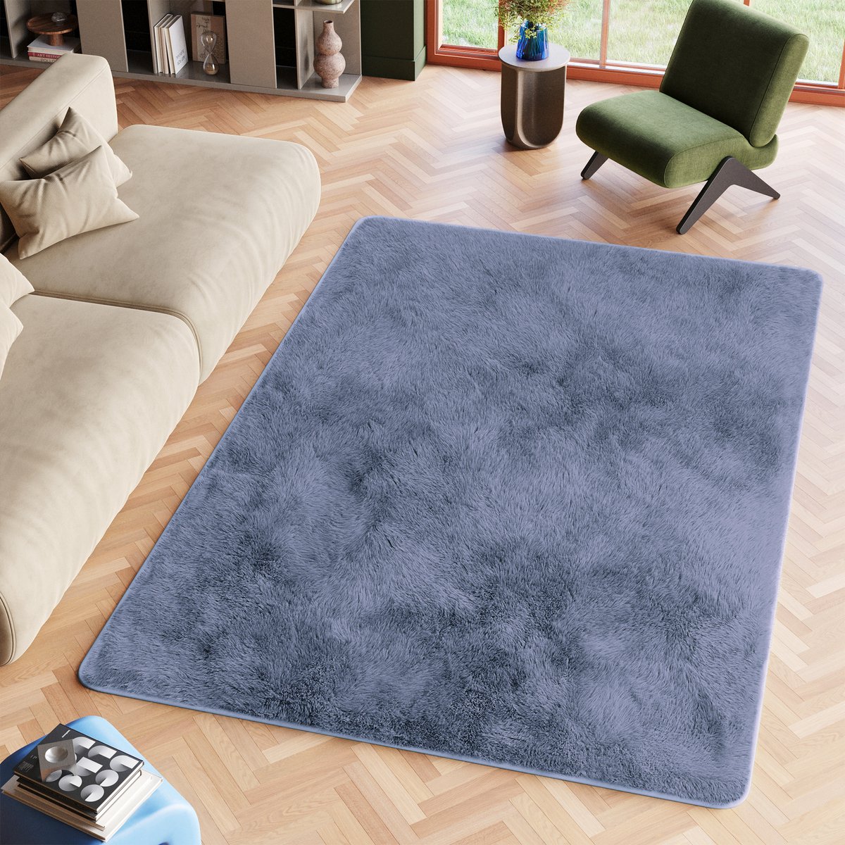 Tapiso Silk Vloerkleed Blauw Grijs Hoogpolig Woonkamer Tapijt Maat- 160x230