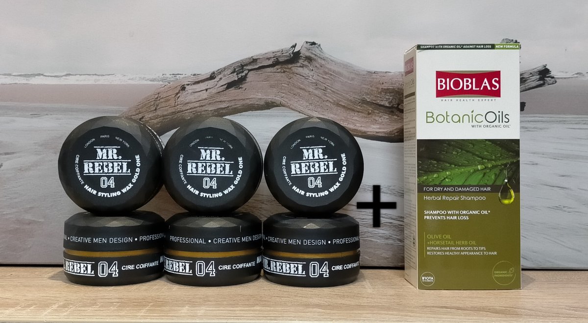 MR REBEL - 04 STYLING WAX GOLD (6 STUKS) 900 ml + Botanic oil herstel Shampoo 360 ml - beschadigd en droog haar