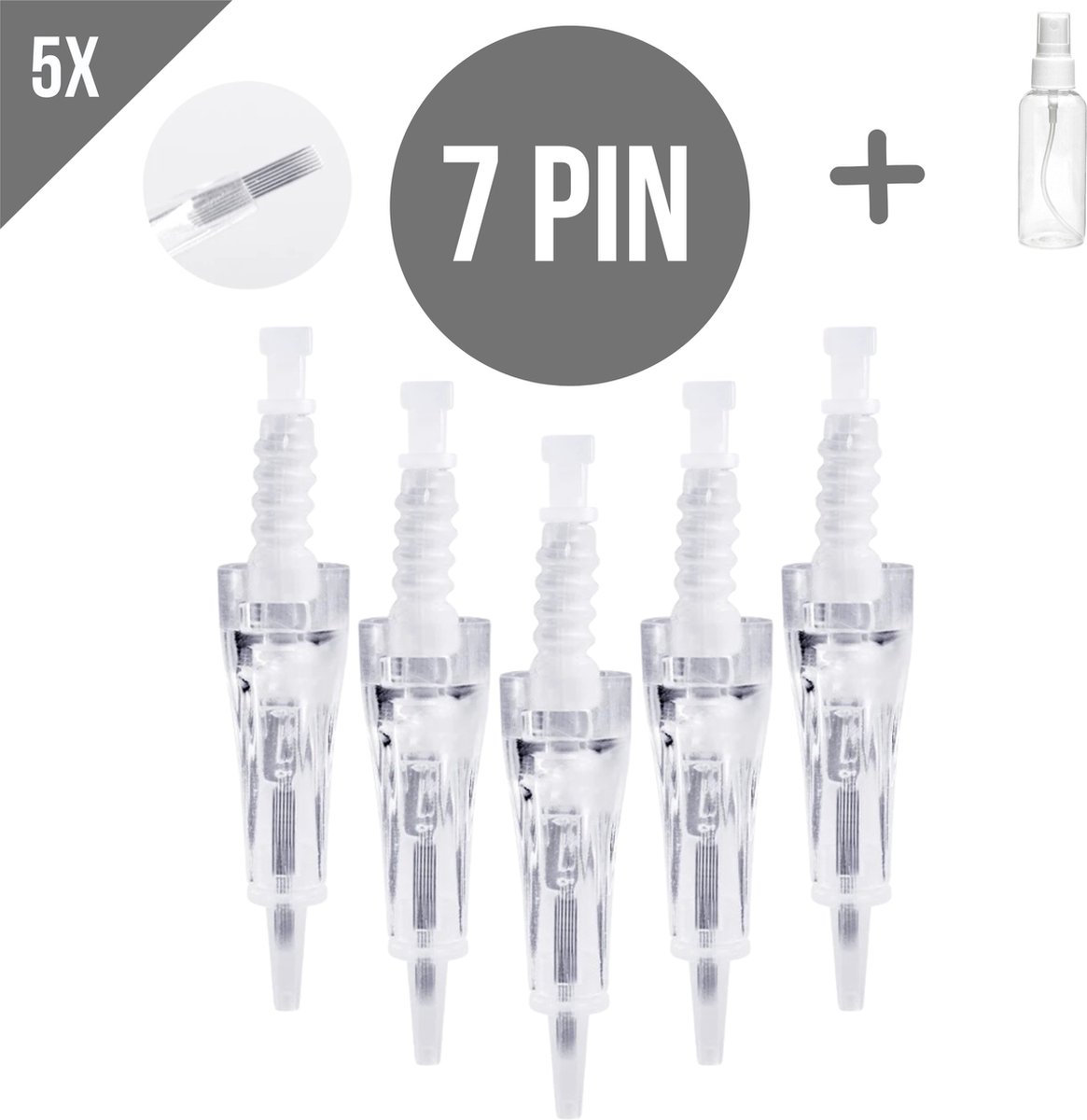 Dermapen naalden F7 - 7 pin naalden- Microneedling cartidges - Mesotherapie - Vervangende naaldkoppen - Opzetstuk dermapen - Anti-aging - Huidverzorging - Geschikt voor Dr.Pen A6/A1/E30/M5/M7/N2/MyM - 5 stuks + Sprayflesje 50 ml per bestelling