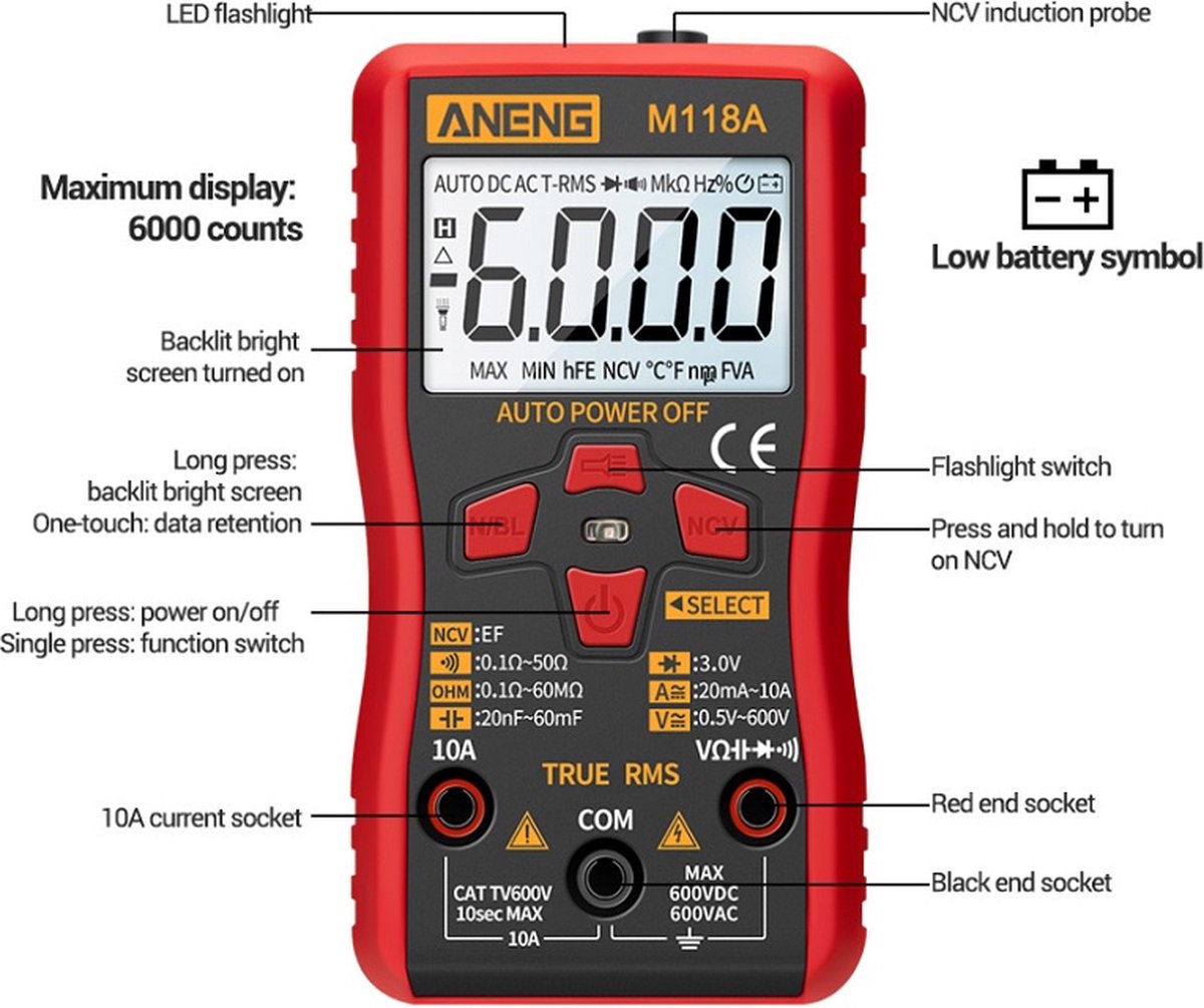 ANENG M118A auto function + auto range digital Multimeter 6000 count